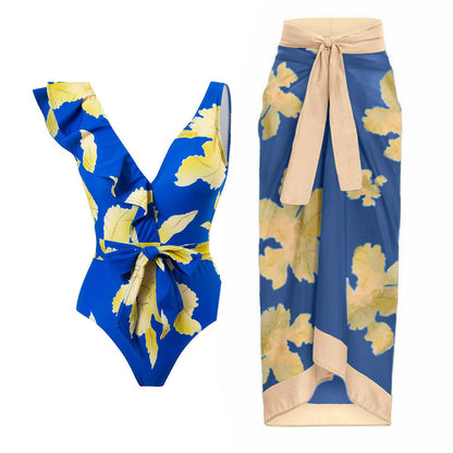 Sexy Swimsuit Women Vintage Ruffled Swimsuit Bikini Chiffon Beach Skirt Set