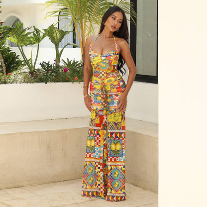 Spring Summer Sexy Printed Mesh Slim V neck Backless Slit Halter Dress