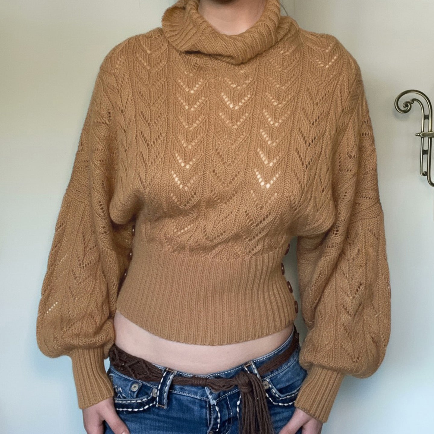 Retro Solid Color Turtleneck Hollow Out Cutout Batwing Sleeve Fitted Waist Sweater Women Graceful Fashionable Button Design Blouse