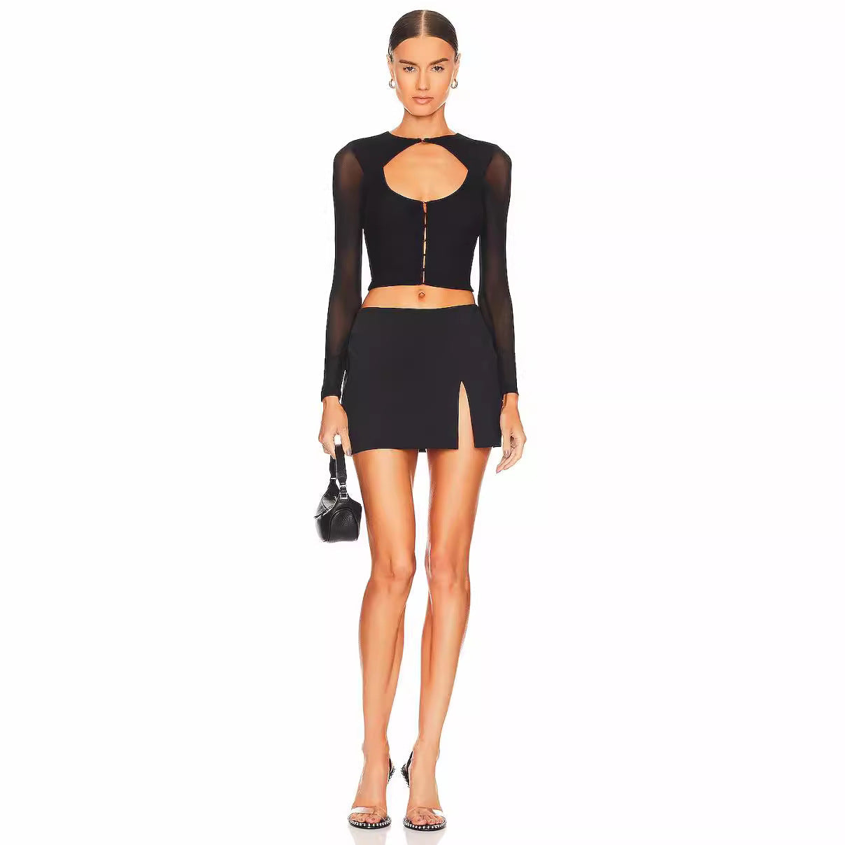 Black Long Sleeve Mesh Design Blouse Women Autumn Slim Fit Cardigan Buckle T shirt