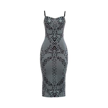 Autumn Winter Women Clothing Suspenders Low Cut Backless Print Back Slit Slim Fit Sexy Dress