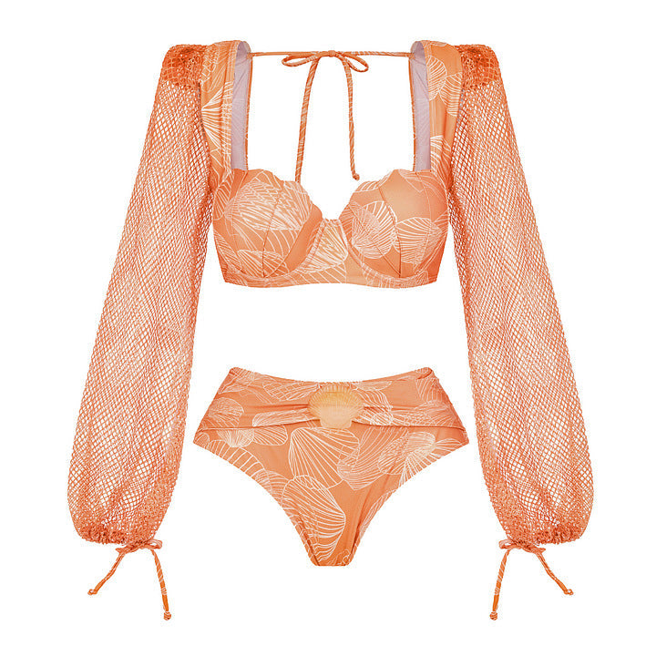 V neck Shell Decorative Mesh Long Sleeve One Piece Swimsuit Women