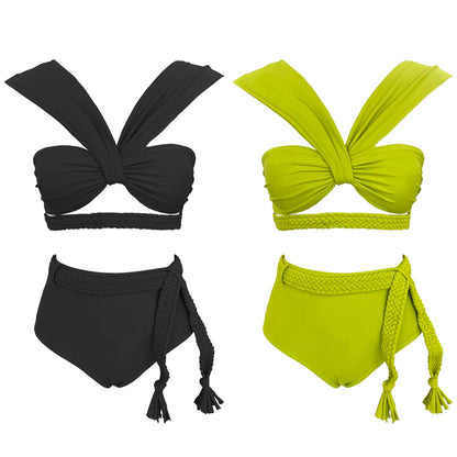 Solid Color Braid Rope High Waist with Straps Bikini Split Swimsuit Women Bikini