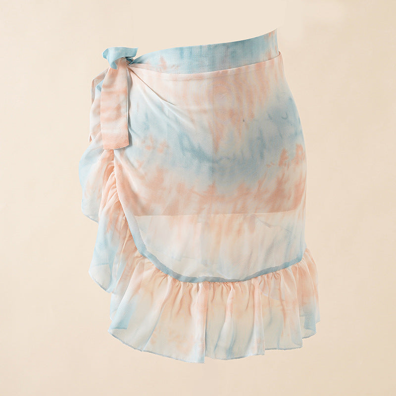 Summer Seaside Vacation Chiffon Printing Tie Dye Bandage Beach Wrap Skirt Bikini Swimsuit Blouse