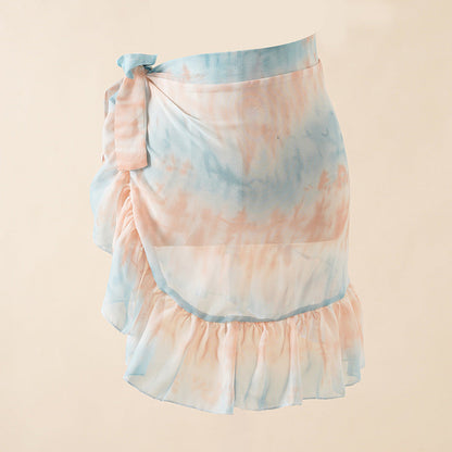 Summer Seaside Vacation Chiffon Printing Tie Dye Bandage Beach Wrap Skirt Bikini Swimsuit Blouse