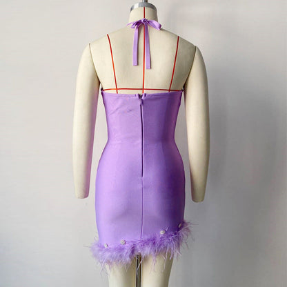 Sexy Halter Diamond Feather Stretch Bandage One Piece Dress Party Dress