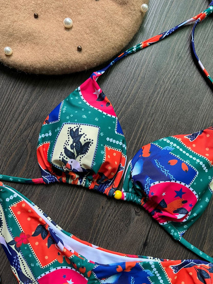 Knot Split Swimsuit Digital Printed Sexy Bikini Women Swimsuit