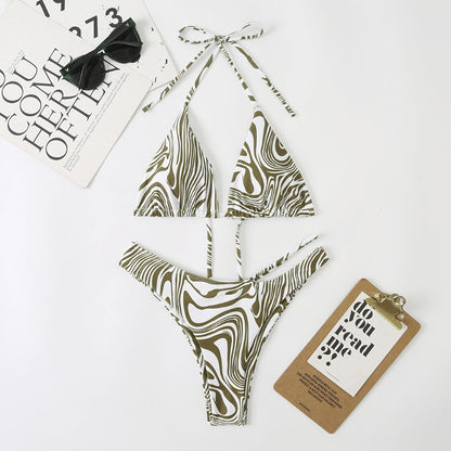 Multi Color Digital Printing Women Split Bikini Lace Up Swimsuit