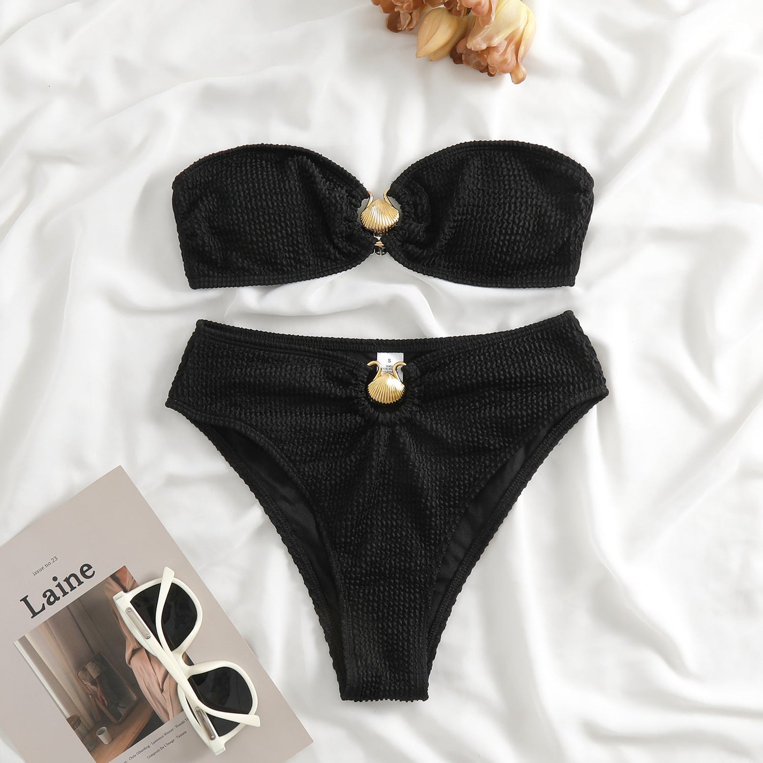 Contrast Color Soild Bikini Swimsuit Women Wave Pattern Split Swimsuit