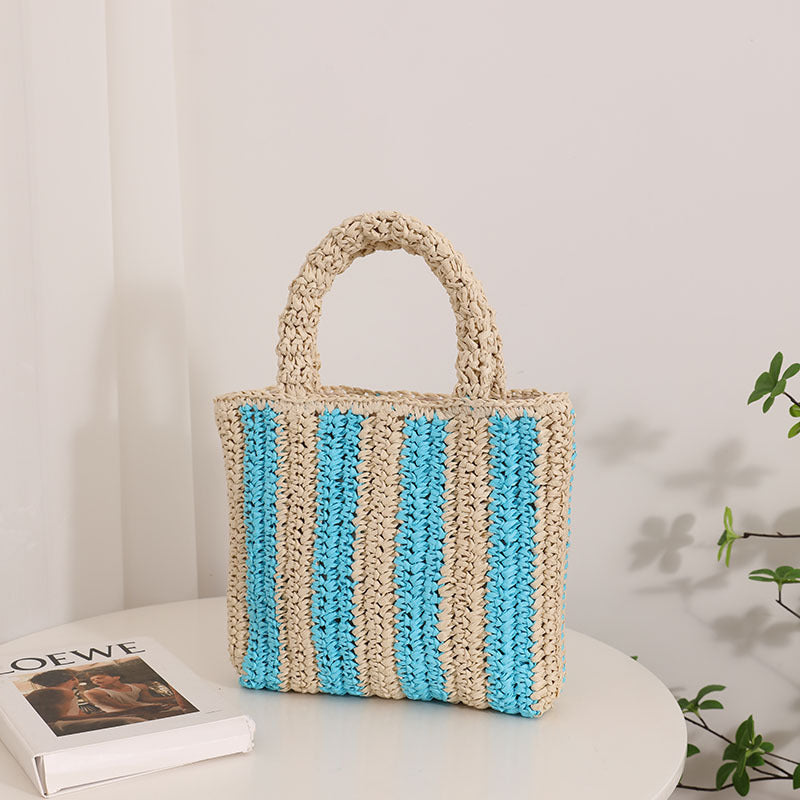 Vertical Stripes French Straw Bag Portable Contrast Color Straw Bag Woven Bag Women&