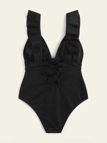 One Piece Women Swimsuit Special Fabric Backless Flying Edge Cover Belly Conservative Swimsuit Women