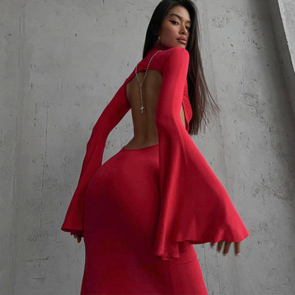 Spring Women Bell Sleeve Sexy Backless Slit Maxi Dress Slim Fit Dress