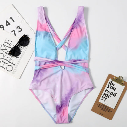 High Waist Backless Lace Up Sexy Women One Piece Printed Swimsuit Bikini Swimsuit