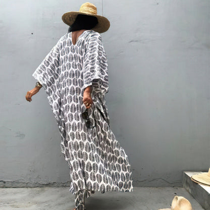 Beach Cover Up Front Back V Neck Loose Robe Seaside Vacation Skirt Bikini Sun Protection Shirt