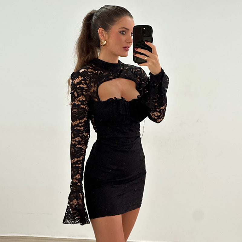Women Clothing Lace Stitching Chest Hollow Out Cutout Flared Sleeve Waist Hip dress