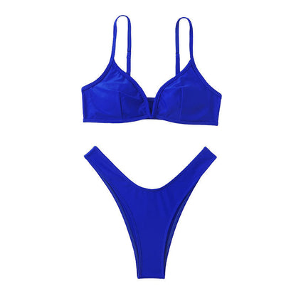 Women Split Swimsuit Solid Color Bikini High Waist Drawstring Swimsuit Summer