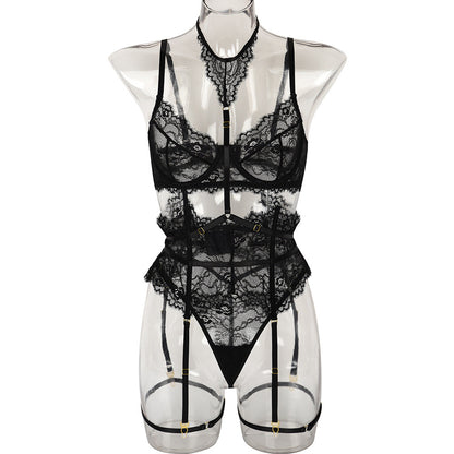 Sexy Three Piece Summer Lace Eyelash Lace Stitching with Halter Foot Ring