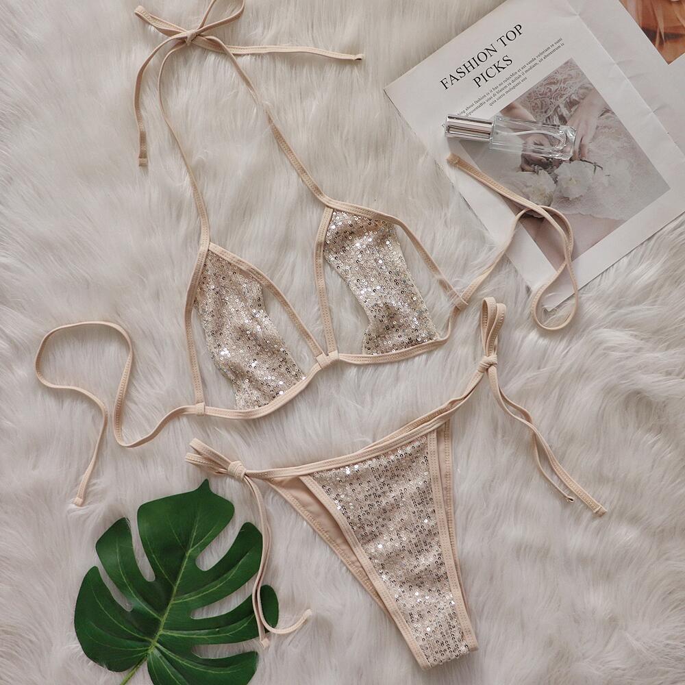 Bikini Sexy Split Sequined Swimsuit Women Lace-up Cutout Beach Swimsuit