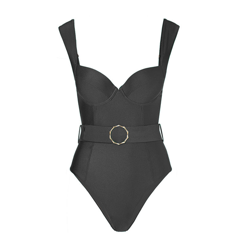 Solid Color One Piece Women Swimwear French Retro Cover Belly Slimming Swimsuit