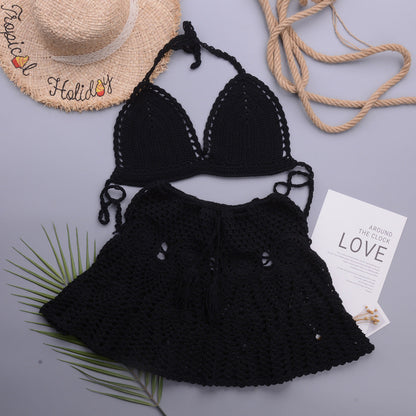 Hollowed out Lotus Bud Short Skirt Split Hand Woven Beach Swimsuit Vacation Two Piece Sets