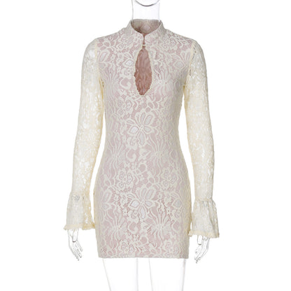 Women Clothing Winter Sexy Lace Cutout Package Hip Flare Sleeve Dress
