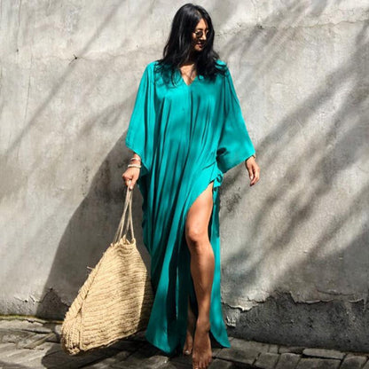 Rayon Loose Robe Beach Cover Up Sexy V Neck Headband Belt Sun Protection Dress Women