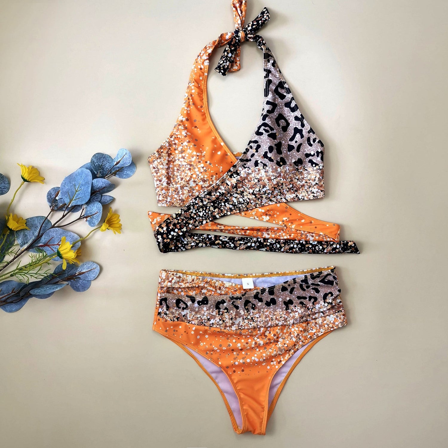 Popular Women Swimsuit Cross Leopard Print Sequin Gradient Bikini