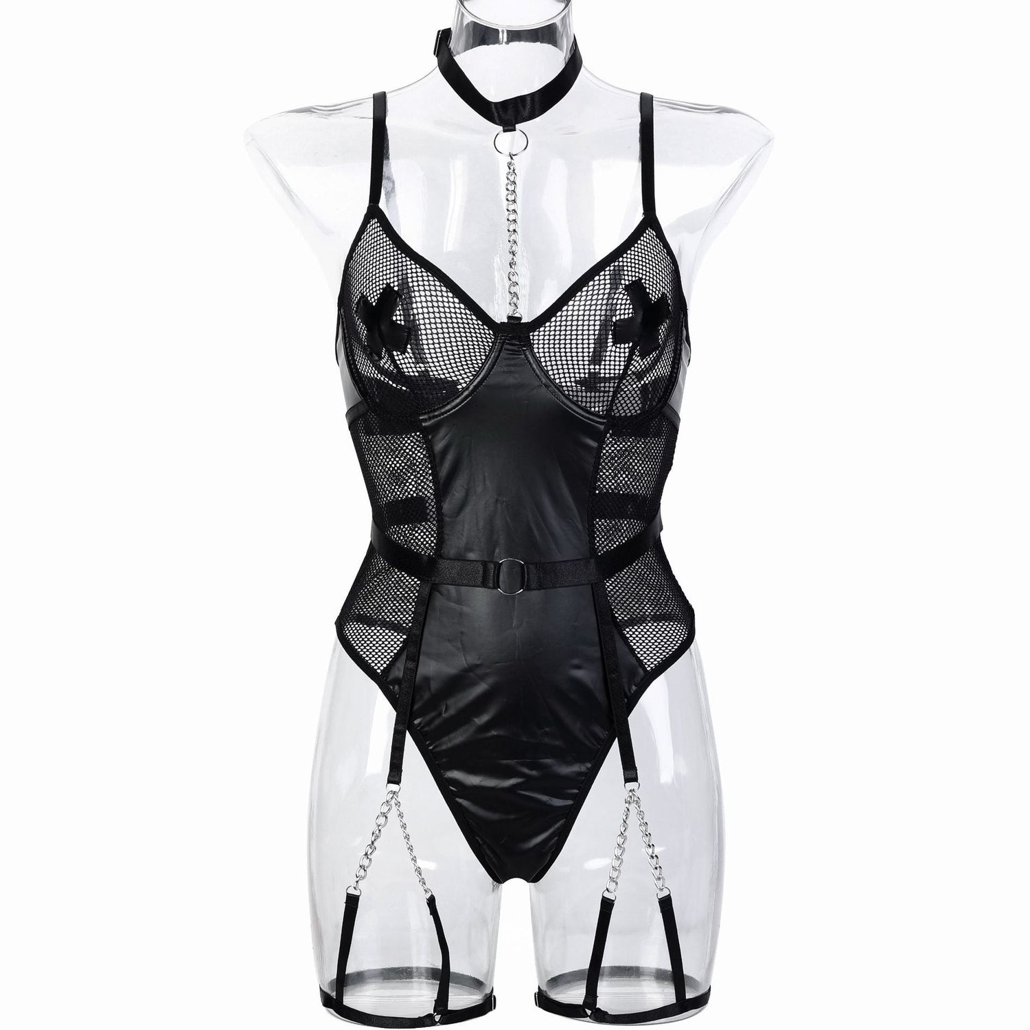 Motorcycle Faux Leather Paint Leather Stitching Mesh Hollow Out Cutout Perspective Cross Stickers Heavy Metal Chain Sexy Jumpsuit