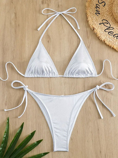 Solid Color Tied Sexy Split Swimsuit Women Three Point Beach Bikini Swimming Set
