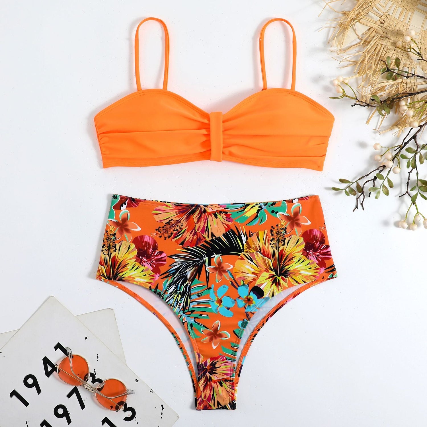 Swimsuit Women Split Bikini Retro Sexy Solid Color Printing Bikini Wear
