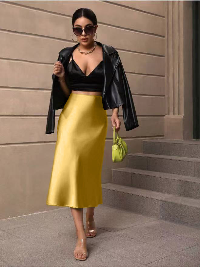 Hip Wrapped Fishtail Skirt Satin Mid Length Skirt Autumn Women Clothing Direct