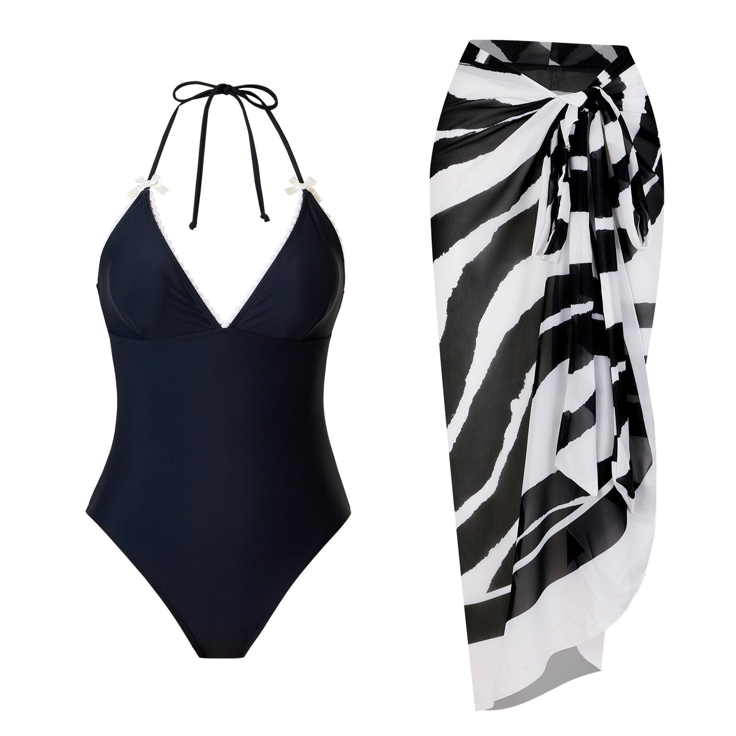 One Piece Swimsuit Women Black White Sexy Two Piece Sets Swimsuit Chiffon Dress