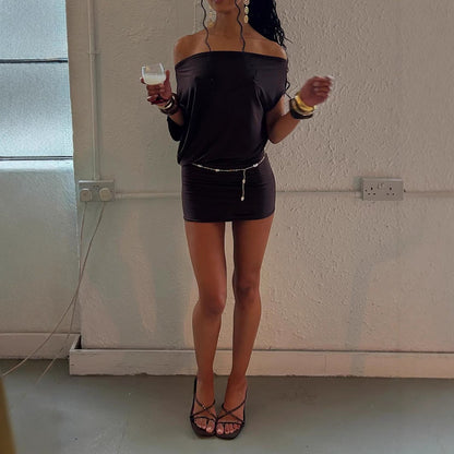 Sexy Solid Color Women Clothing Sexy Tube Top Irregular Asymmetric Shoulder Sleeve Short Slim Sheath Dress Women