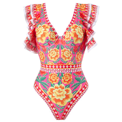 Spring Sexy Swimsuit Women Conservative Warm Printed Swimsuit Wrap Skirt Set