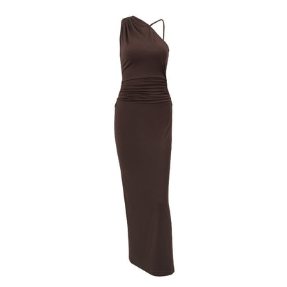Women Clothing Summer Sexy Slant Shoulder High Waist Slim Fit Slimming Solid Color Sheath Dress