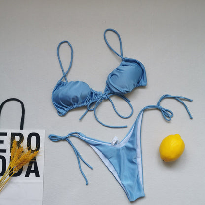 Sling Bandage Swimsuit Women Pleated Push up Drawstring Sexy Solid Color Bikini Swimsuit