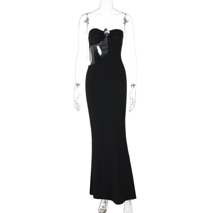 Summer Metal Decoration Stitching Hollow Out Cutout out Dress Sexy Slim Tube Top Dress Women