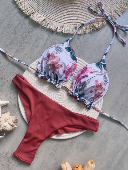 Bikini Rib Fabric Printed Sexy Backless Split Swimsuit Bikini