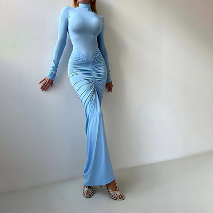 Women Clothing Autumn Solid Color Elegant Slim Slimming Pleated Turtleneck Long Sleeve Dress