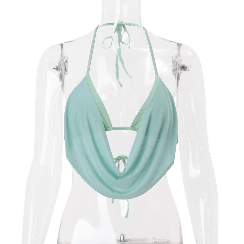 Women Clothing Summer Sexy Hollow Out Cutout out Halter Lace up Solid Color Short Vest Top
