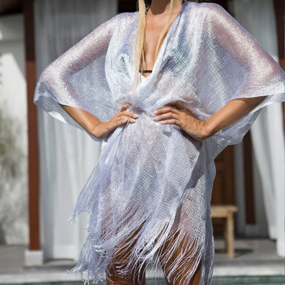 Mesh Gold Silver Silk Beach Cover-up See-through Vacation Sun Protection Cardigan Bikini Outer Overclothes Shirt