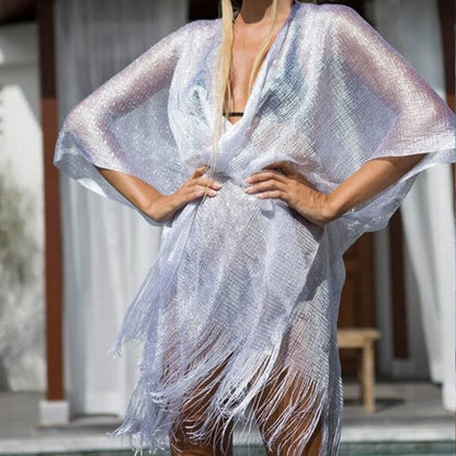 Mesh Gold Silver Silk Beach Cover-up See-through Vacation Sun Protection Cardigan Bikini Outer Overclothes Shirt