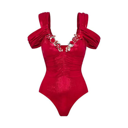 V Neck Solid Color Luminous Fabric One Piece Swimsuit Women