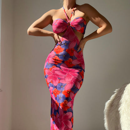 Beach Long Halter Backless Print Tied Dress Seaside Holiday Beach Outerwear
