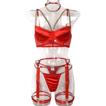 Women Clothing Thick Chain Heavy Industry Metal Stitching Four Piece Set Sexy Underwear