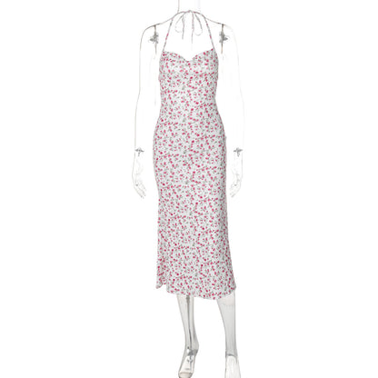 Arrival Sweet Floral Sexy Backless Halter Sleeveless Split Medium Dress