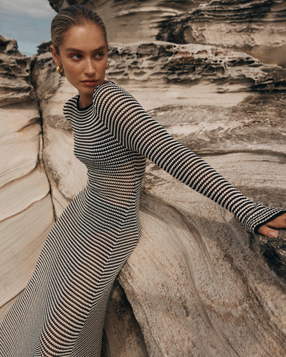 Mesh Striped Beach Vacation Sexy Dress Knitted Hollow Out Cutout Out Maxi Dress Blouse Summer