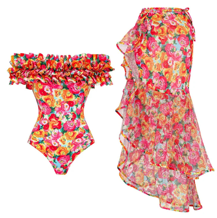 Printing French Retro One Piece Women Swimwear Set Cover Belly Slimming Swimsuit Vacation