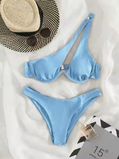 Sexy Women Seperated Swimwear Solid Color One Shoulder Underwire Bikini