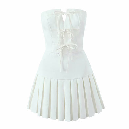 Women Graceful Bow Lace up Pleated Dress Tube Top Dress